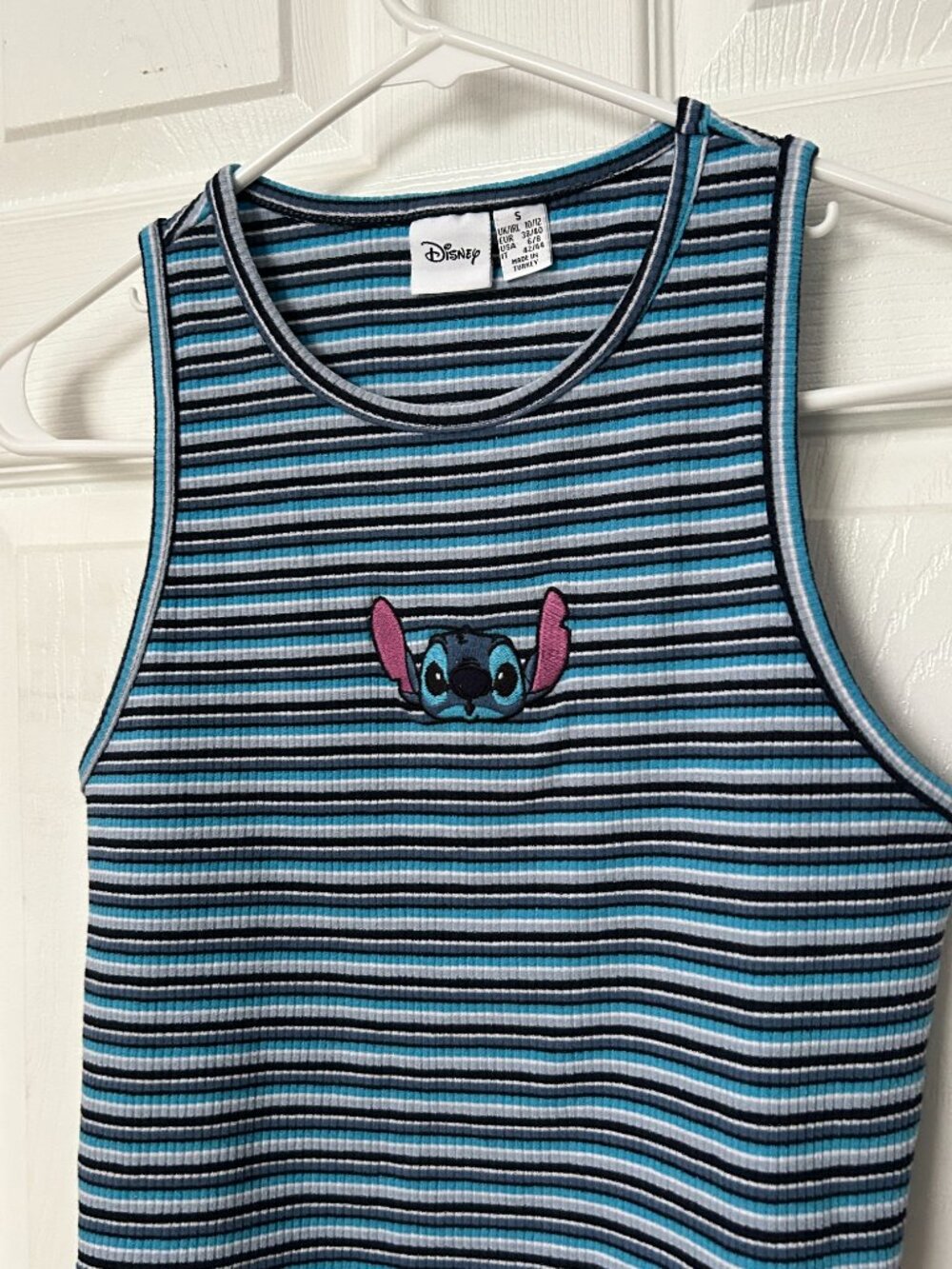 Disney Blue Striped Tank Top Women's Small Embroidered Stitch Ribbed Fabric - Picture 3 of 6